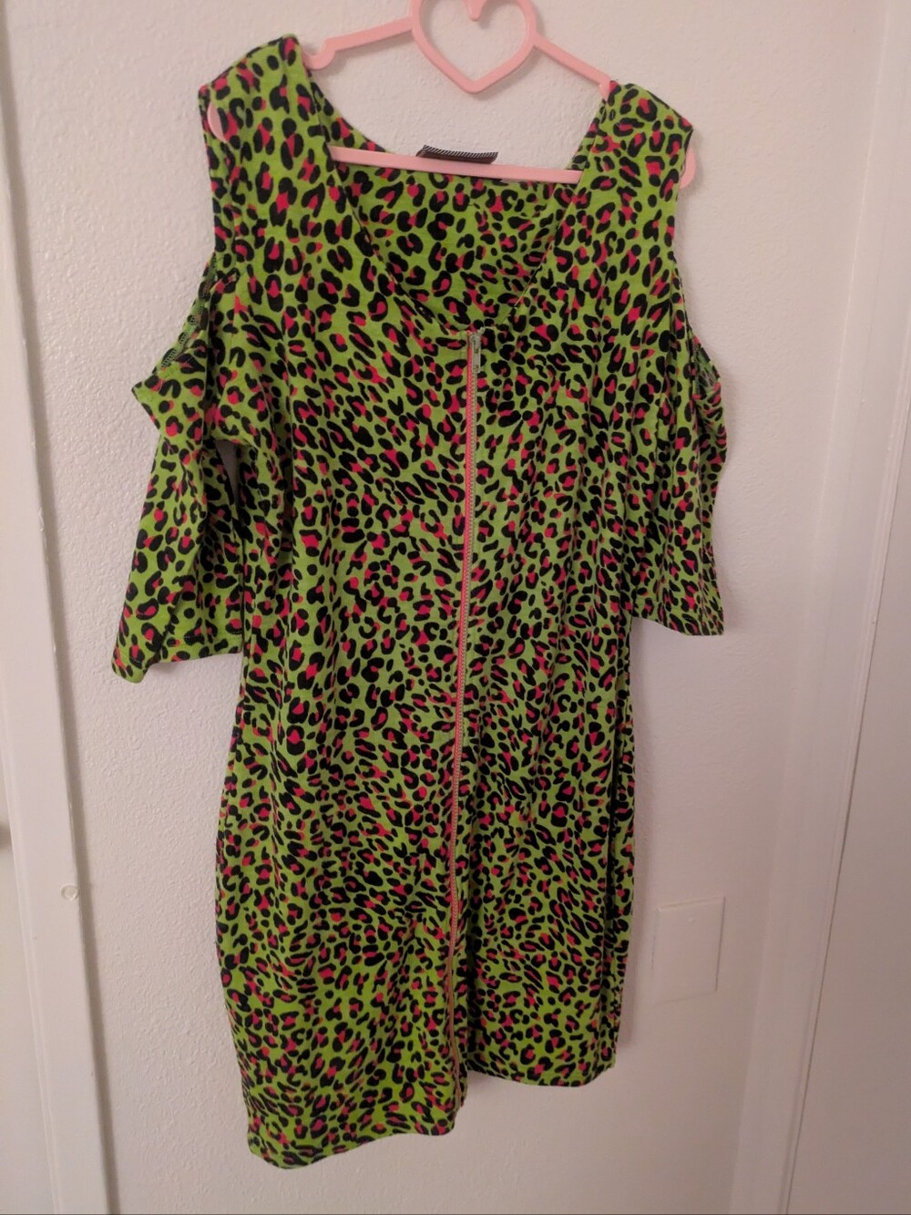 Jawbreaker Neon Green Pink Leopard Print Cold Shoulder Zipper Front Dress XL